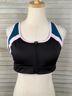 FILA SPORT Women's Zip Front Sports Bra Black/Multi-Large